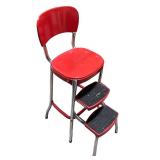 Vintage Red Metal Step Stool Chair with Chrome Legs