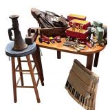 Vintage Toy Collection with Hand Tools, Cast Iron Jack, and Piano Keys Lot
