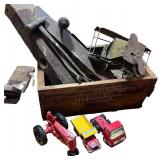 Vintage Toy Collection with Hand Tools, Cast Iron Jack, and Piano Keys Lot