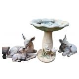 Collection of Assorted Outdoor Garden Statues and Bird Bath