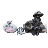 Collection of Assorted Outdoor Garden Statues and Bird Bath