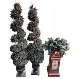 Pair of Artificial Topiary Trees and Holiday Planter Decor