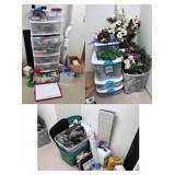 Large Assorted Household & Craft Supplies Lot with Sewing Machine, Storage Bins and Faux Flowers