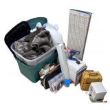 Large Assorted Household & Craft Supplies Lot with Sewing Machine, Storage Bins and Faux Flowers