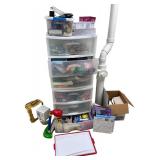 Large Assorted Household & Craft Supplies Lot with Sewing Machine, Storage Bins and Faux Flowers