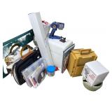 Large Assorted Household & Craft Supplies Lot with Sewing Machine, Storage Bins and Faux Flowers