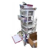 Large Assorted Household & Craft Supplies Lot with Sewing Machine, Storage Bins and Faux Flowers