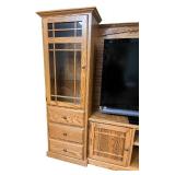 Large Oak Wood Entertainment Center with Cabinets & Glass Display Shelves - TV NOT INCLUDED