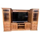 Large Oak Wood Entertainment Center with Cabinets & Glass Display Shelves - TV NOT INCLUDED