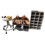 Closet Organizer Lot with Shelving, Hangers, Rolling Stool, and Storage Baskets