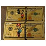 24K Gold Walt Disney $100 Dollar Notes