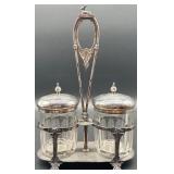 Antique Silver-Plated Double Jar Condiment Caddy with Deer Finial