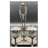 Antique Silver-Plated Double Jar Condiment Caddy with Deer Finial