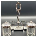 Antique Silver-Plated Double Jar Condiment Caddy with Deer Finial
