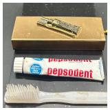 Mini Vintage Gold Tone Toothpaste and Toothbrush Holder with Pepsodent