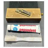 Mini Vintage Gold Tone Toothpaste and Toothbrush Holder with Pepsodent