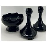 L.E. Smith decorative glass bowl and Two Fostoria - Saint Alexis Candle Holders