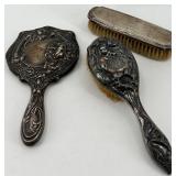 Antique Silver-Plated Vanity Set with Mirror and Brushes