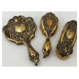 Antique Gilded Vanity Set with Mirror and Brushes