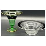 Etched Uranium Glass Vase with Gold Rim and Elegant Bowl with Black Trim
