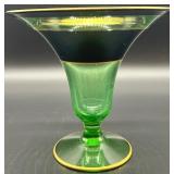 Etched Uranium Glass Vase with Gold Rim and Elegant Bowl with Black Trim