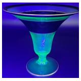 Etched Uranium Glass Vase with Gold Rim and Elegant Bowl with Black Trim