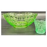 Elegant Uranium Glass Serving Bowl and Small glass toothpick holder