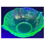 Elegant Uranium Glass Serving Bowl and Small glass toothpick holder