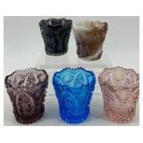Set of 5 Vintage Carnival Glass Toothpick Holders including Imperial, Carnival and Slag glass