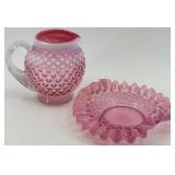 Fenton Hobnail Pink Opalescent Glass Creamer and Ruffled Dish Set