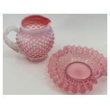 Fenton Hobnail Pink Opalescent Glass Creamer and Ruffled Dish Set