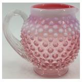 Fenton Hobnail Pink Opalescent Glass Creamer and Ruffled Dish Set