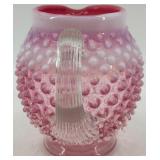 Fenton Hobnail Pink Opalescent Glass Creamer and Ruffled Dish Set