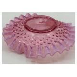 Fenton Hobnail Pink Opalescent Glass Creamer and Ruffled Dish Set