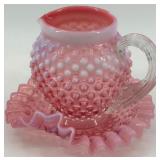 Fenton Hobnail Pink Opalescent Glass Creamer and Ruffled Dish Set