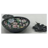 Antique Pewter Bowl with Floral Enamel Inlay and Pewter Metzke Candle topper