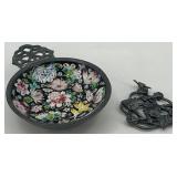 Antique Pewter Bowl with Floral Enamel Inlay and Pewter Metzke Candle topper