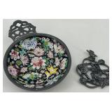 Antique Pewter Bowl with Floral Enamel Inlay and Pewter Metzke Candle topper