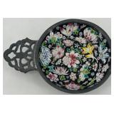 Antique Pewter Bowl with Floral Enamel Inlay and Pewter Metzke Candle topper