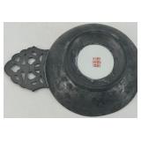 Antique Pewter Bowl with Floral Enamel Inlay and Pewter Metzke Candle topper