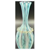 Murano Latticino Art Glass Vase with Blue and White Swirl Design
