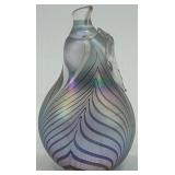 Iridescent Artisan Art Glass Pear with Leaf Motif Paperweight