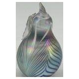 Iridescent Artisan Art Glass Pear with Leaf Motif Paperweight