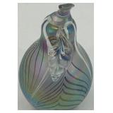 Iridescent Artisan Art Glass Pear with Leaf Motif Paperweight