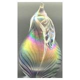 Iridescent Artisan Art Glass Pear with Leaf Motif Paperweight