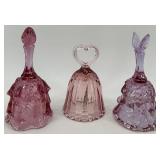 Set of 3 Fenton Cranberry Glass Bells with Heart and Floral Designs