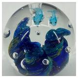 Handcrafted Glass Paperweight with Blue Fish Design