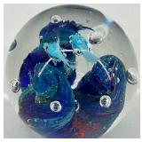 Handcrafted Glass Paperweight with Blue Fish Design