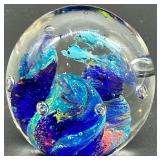 Handcrafted Glass Paperweight with Blue Fish Design