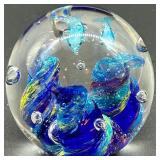Handcrafted Glass Paperweight with Blue Fish Design